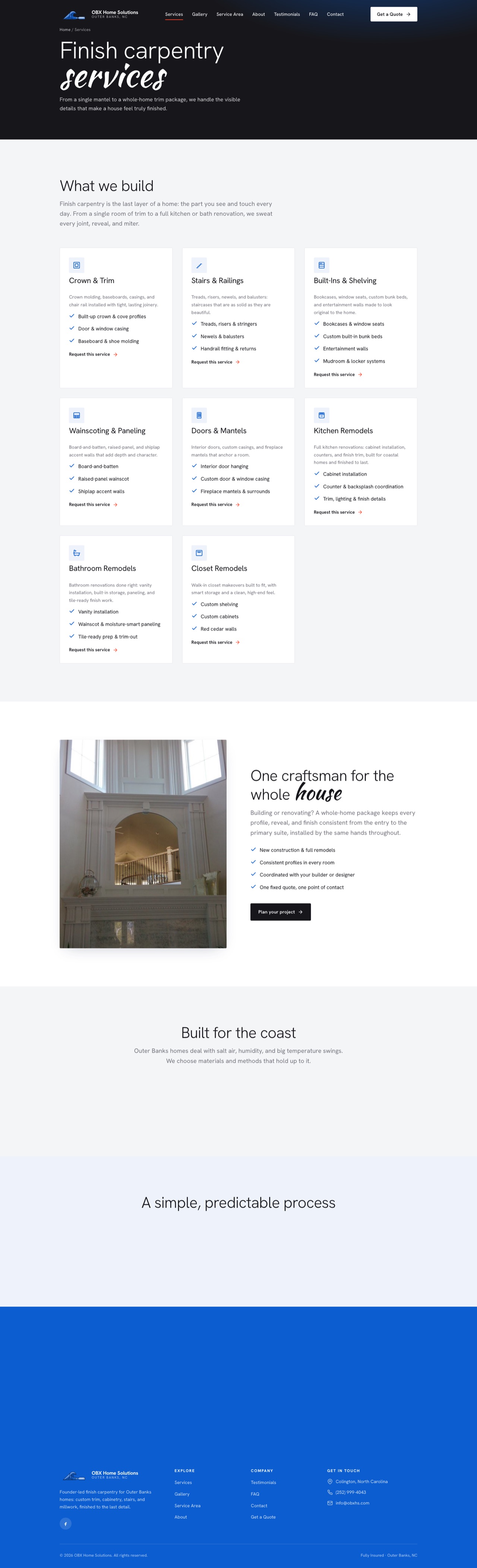 OBX Home Solutions · the full finish-carpentry services page